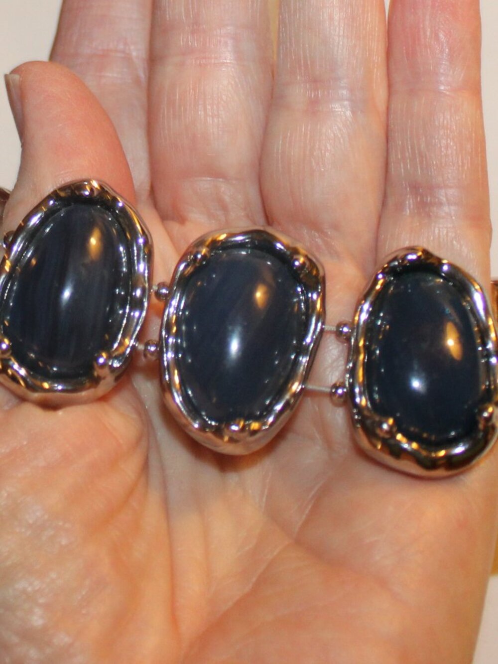 Silver Tone Stretch Panel Bracelet Chunky Blue Gray Lucite Vintage Jewelry